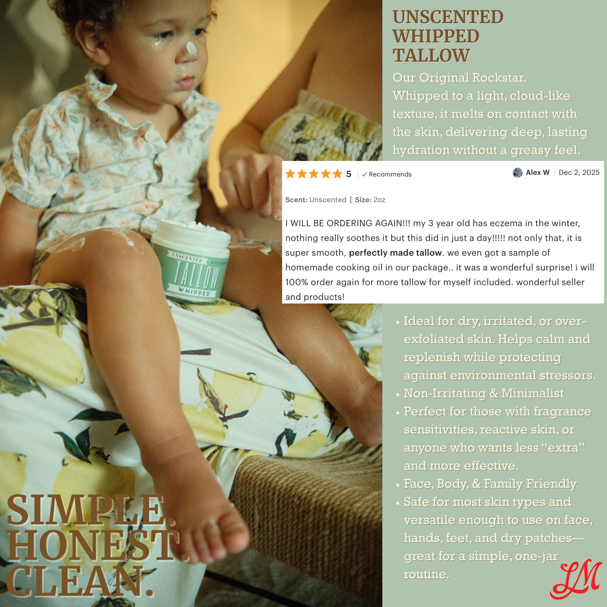 Unscented Tallow Balm | Natural Beef Tallow Vitamin E, Jojoba Moisturizer for Face & Body |Clean, Preservative-Free Skincare by Lady May