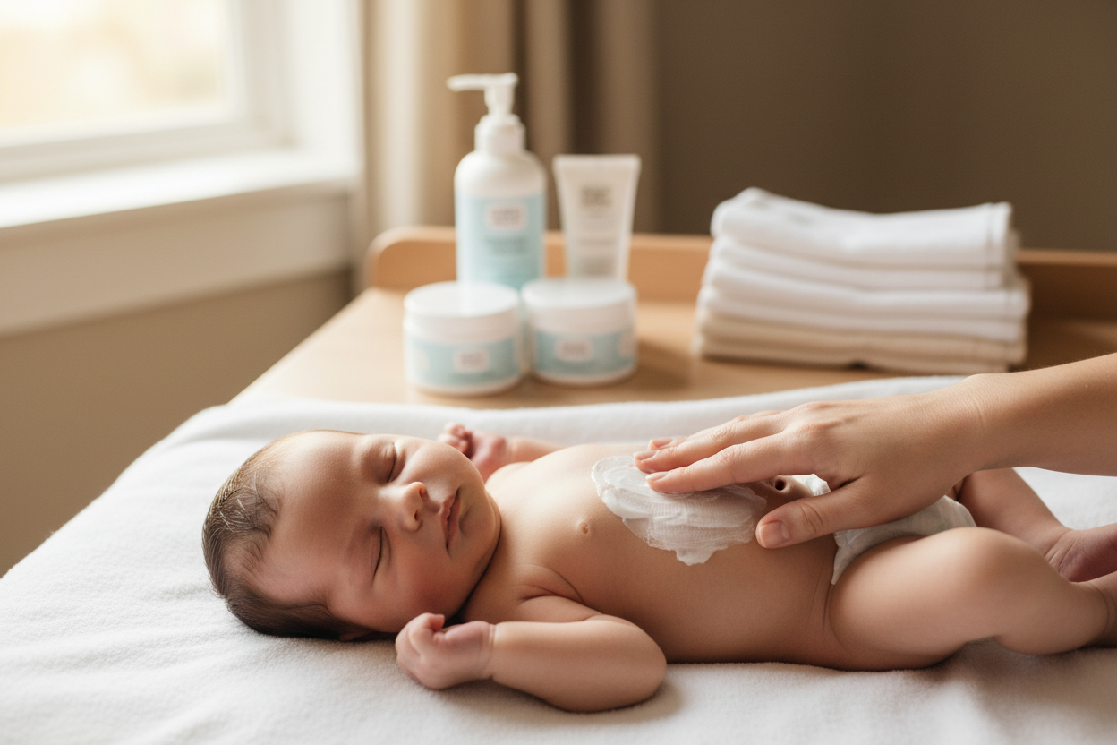 Newborn baby with skin care applied